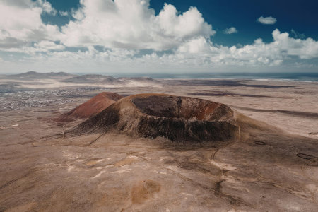 a large volcano sitting on top of a desert landscape with mountains in the background
