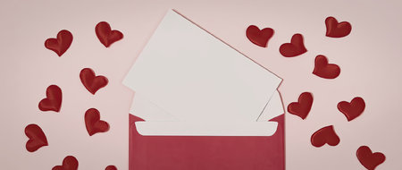 A pink box with a white card popping out, surrounded by red hearts on a pink background.