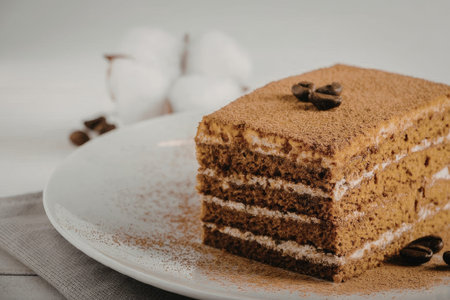 A slice of coffee cake on a white plate, with coffee beans and sugar in the background.