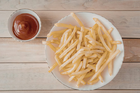 A plate of golden fried french fries served with a side of ketchup on a wooden table.