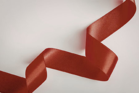 A close-up of a red ribbon curled and twisted against a plain white backdrop.
