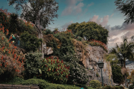 A rocky hillside covered in lush greenery and vibrant flowers under a blue sky with clouds.