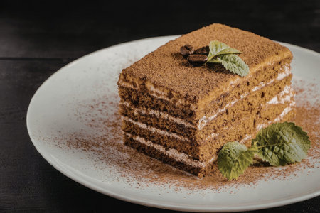 A slice of tiramisu cake on a white plate, garnished with mint leaves and cocoa powder.