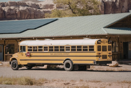 A yellow school bus parked outside a building with a green roof