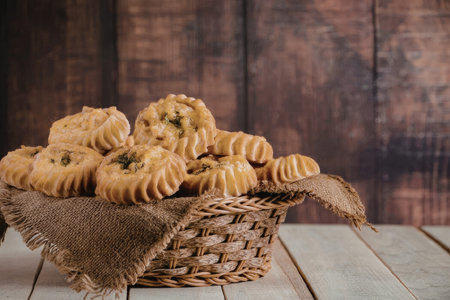 A wicker basket filled with muffins on a wooden tableの写真素材