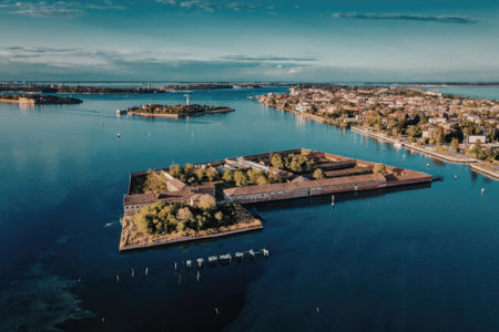 An aerial view of a historic fortress situated on a small island in the middle of a large body of water, with a town visible in the background.の写真素材