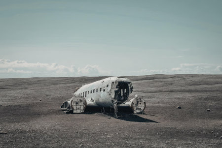 The image depicts a crashed airplane on a desolate, barren landscape with no signs of life or...