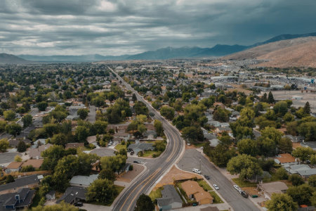 An aerial view of a suburban neighborhood with roads, trees, and houses under a cloudy sky