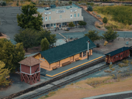 An aerial view of a train station with a green roof and yellow walls, accompanied by a water tower...