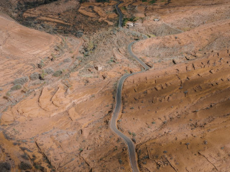 An aerial view of a winding road cutting through a desert landscape with orange sand and sparse vegetation.の写真素材