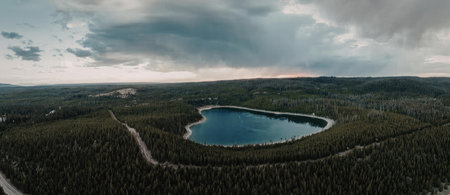 aerial view of a lake surrounded by a dense forest under a cloudy sky