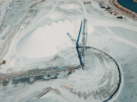 An aerial view of a snowy construction site featuring a large blue crane and a sprawling landscape...