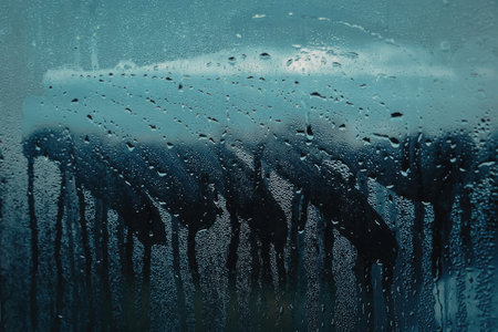 An image of a rainy day viewed through a foggy window with water droplets and raindrops visible on...