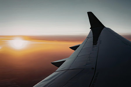 The image captures the wing of an airplane set against a stunning sunset backdrop, with the sun's...