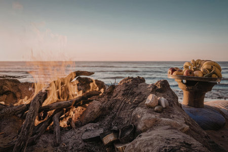 A serene beach scene at sunset featuring a campfire on the shore with a bowl of fruit nearby.の写真素材