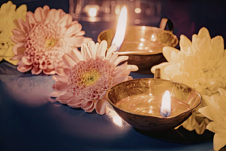 Celebrating diwali with candles and flowers in a serene setting