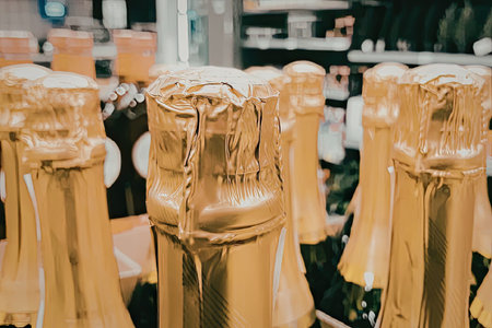 The image shows several champagne bottles with gold foil wrapping around the neck, with a blurred background that appears to be a store shelf.の写真素材