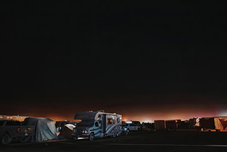 a campsite at night with tents and rv'sの写真素材