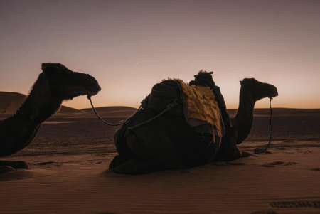 Three camels are resting in the desert during sunset, their silhouettes prominent against the...