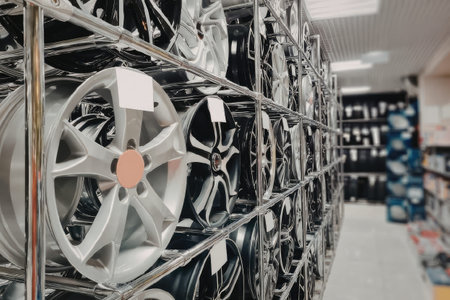 A close-up view of car wheels displayed on a metal rack in a store, with other products visible in...