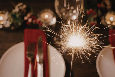 Celebratory dinner table setting with sparkler and festive decorations