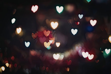 The image features a dark background with numerous small, heart-shaped lights in various colors,...