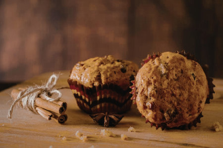 Two homemade muffins on a wooden surface with cinnamon sticks and nuts, suggesting a warm and cozy baking scene.の写真素材