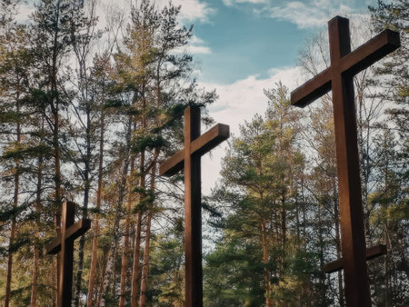 The image features several large wooden crosses standing in a forest, set against a backdrop of tall...