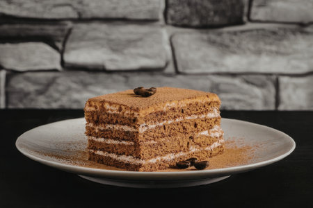 Delicious layered cake on a plate against a stone background