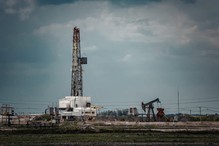 A drilling rig and pumpjack are seen in an oilfield under a cloudy sky.