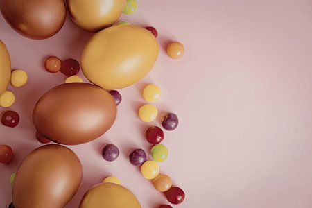 A collection of shiny easter eggs and small candies in various colors on a pastel pink surface.