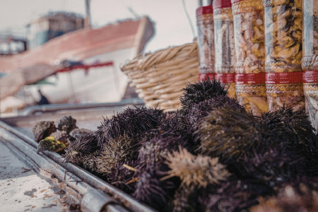 A close-up view of fresh sea urchins on display at a market or store, with other seafood items in...