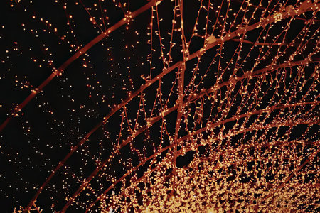The image depicts a dark background illuminated by sparks and lights, creating a vibrant and dynamic...