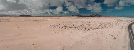 A vast desert landscape with sandy dunes and sparse vegetation under a blue sky with clouds. A road...
