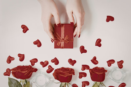 A pair of hands holding a red gift box surrounded by heart-shaped decorations and red roses on a...