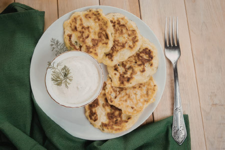 Delicious potato pancakes served with creamy sour cream on a wooden table