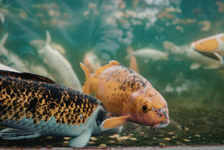 A vibrant orange koi fish swims alongside other fish in a pond, showcasing its distinctive orange...