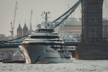 A large luxury yacht sailing under Tower Bridge in London, with a cityscape in the background.