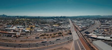 A panoramic view of a cityscape with a highway running through it, showing a clear blue sky and...