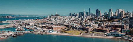 A panoramic view of a city situated by the water, showcasing a mix of buildings and a vibrant...