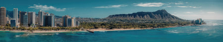 A panoramic view of a cityscape along the ocean with a mountain in the background