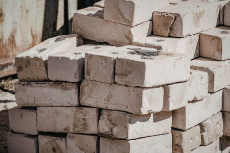 Pile of weathered concrete blocks stacked haphazardly outdoors