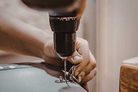Person using drill machine on metal objectの写真素材