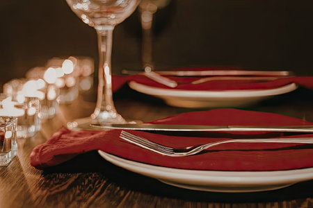 Romantic dinner table setting with red napkin and wine glassの写真素材