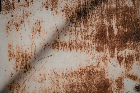 A close-up view of a rusty metal surface with orange-brown rust spots and patches on a white...
