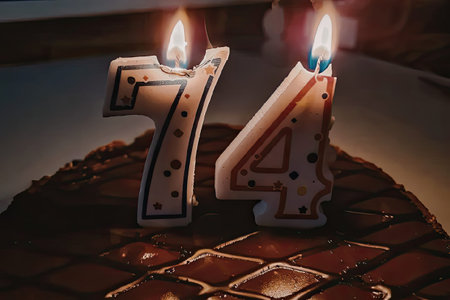 A chocolate cake with two lit candles in the shape of 7 and 4