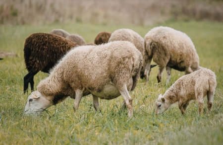 A group of sheep grazing in a lush green field, with a brown animal in the background.