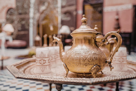 A beautifully crafted traditional Moroccan tea set, including an intricately designed teapot and...