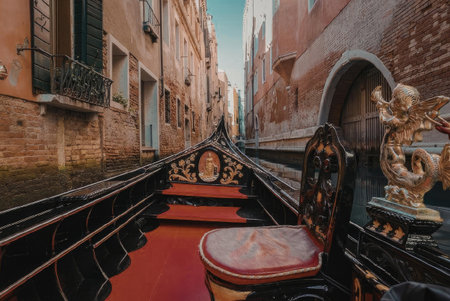 a venetian gondo with a red carpet and a ornate chair