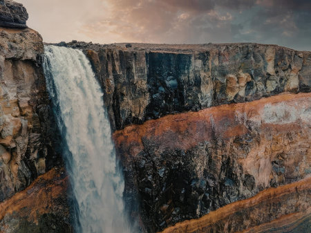 A breathtaking waterfall plunges down a rugged cliffside, surrounded by rocky terrain and vibrant...